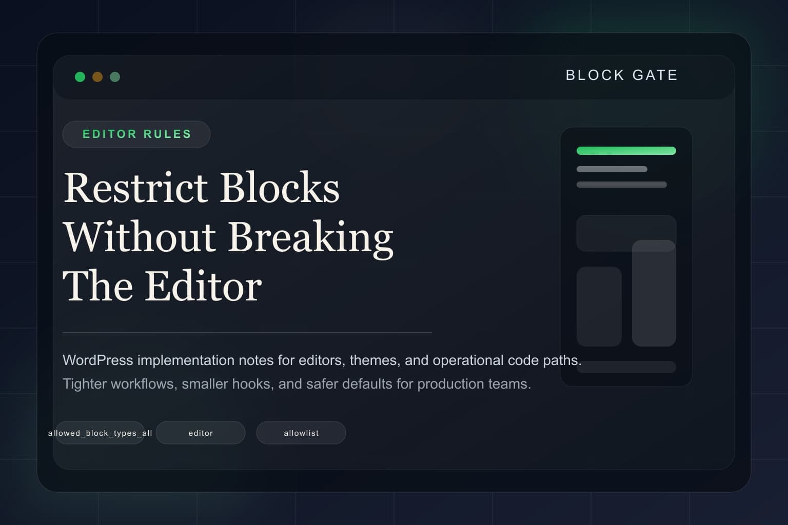 Abstract block gate representing restricted editor block allowlists in WordPress.