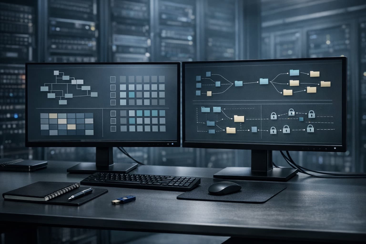 Operations workstation and server environment representing WordPress file permissions review and tightly controlled writable paths in production.