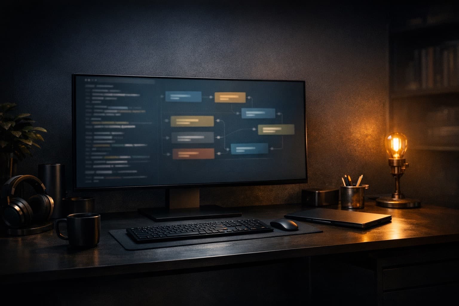 Engineering workstation and code flow visualization representing a WordPress custom REST API plugin implementation.