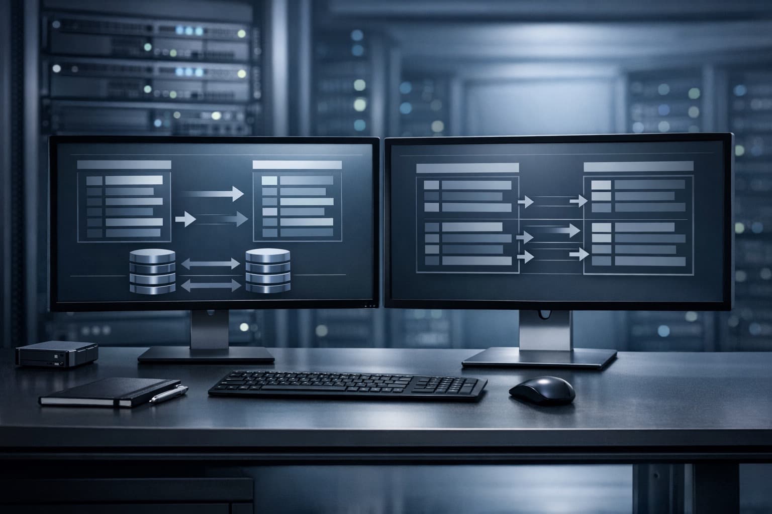 Operations workstation and server environment representing safe WordPress search-replace migration and controlled URL changes.
