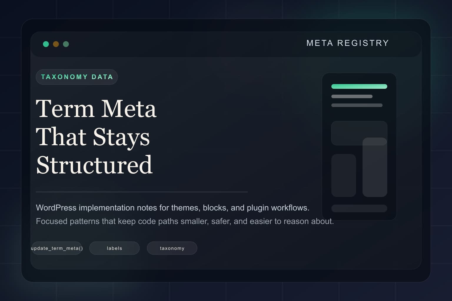 Abstract taxonomy registry representing stored term metadata in WordPress.