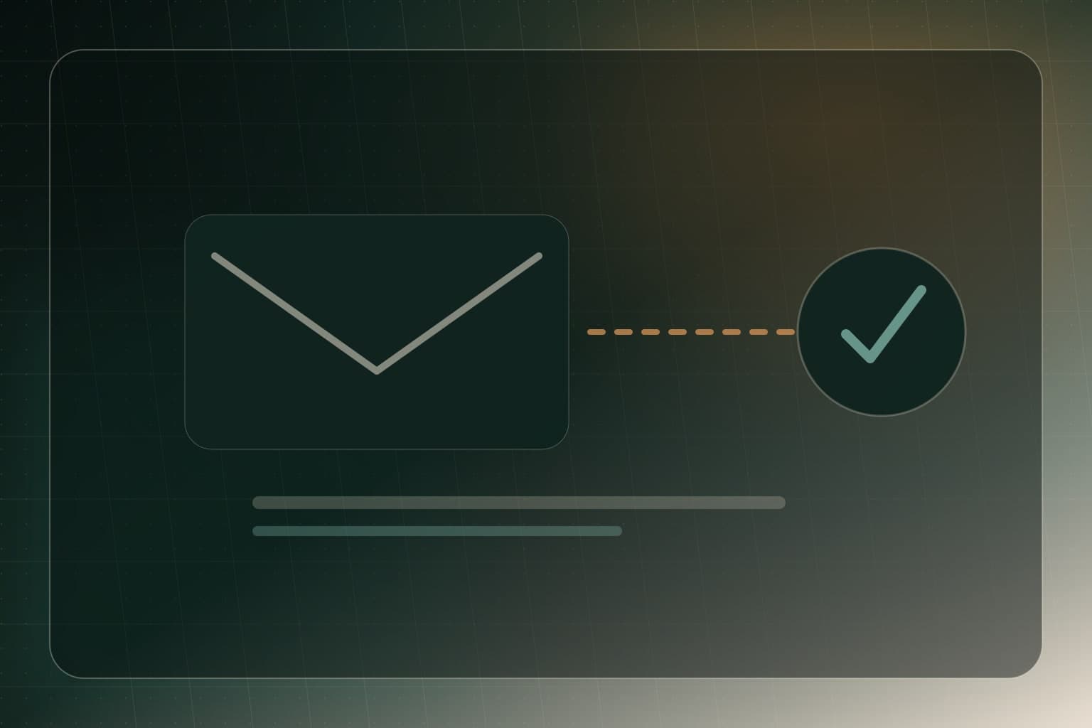 Abstract transactional email delivery flow with envelope, arrow, and delivery confirmation mark.