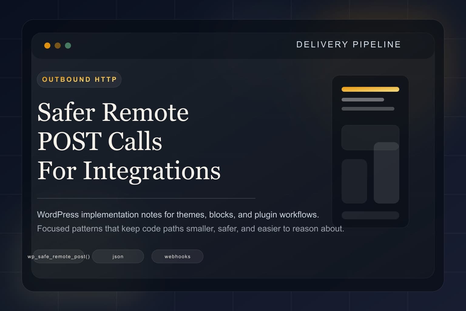 Abstract outbound HTTP delivery pipeline representing safe WordPress webhook calls.