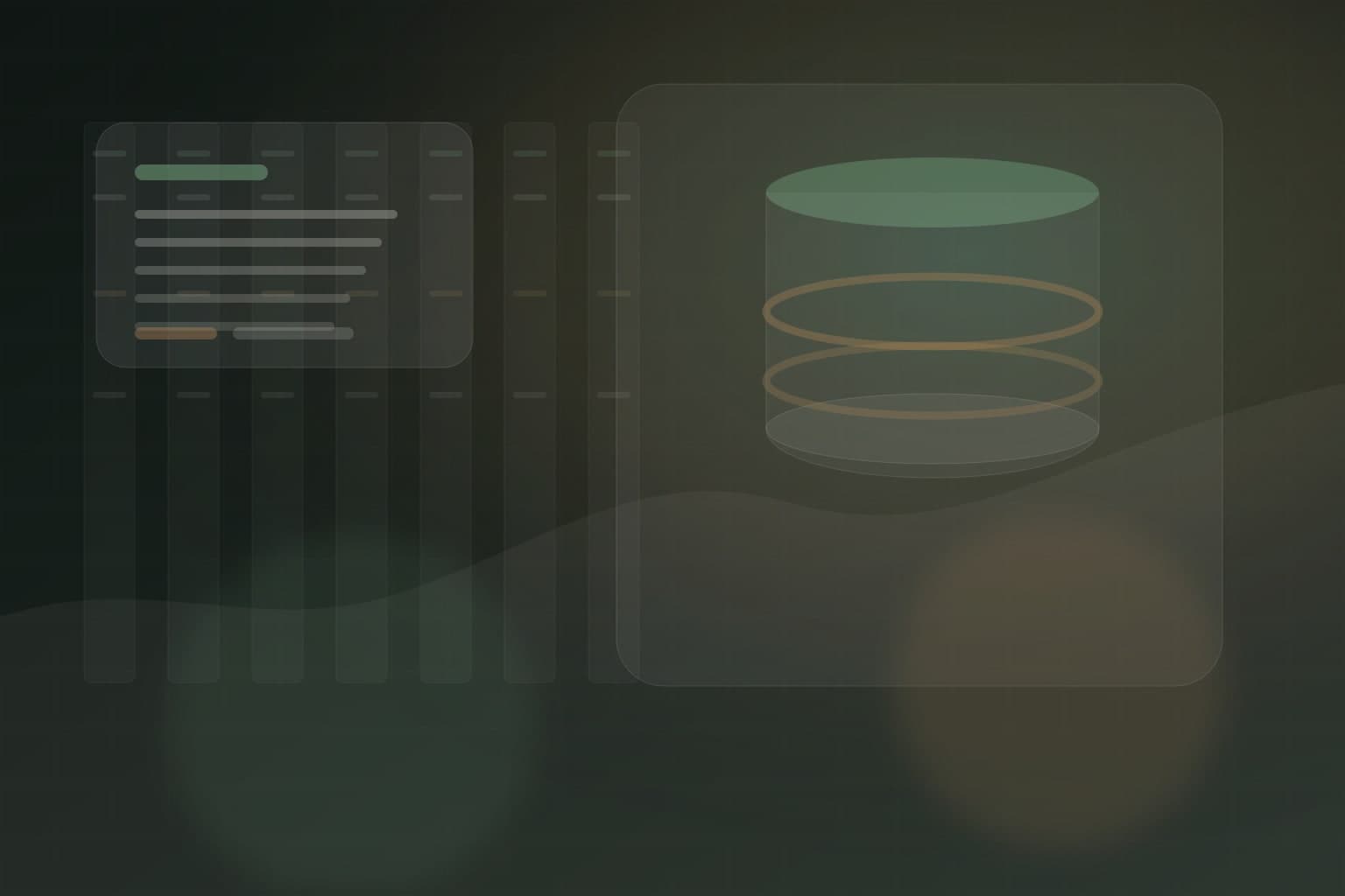 Abstract database cylinders and query panels representing prepared SQL in WordPress.