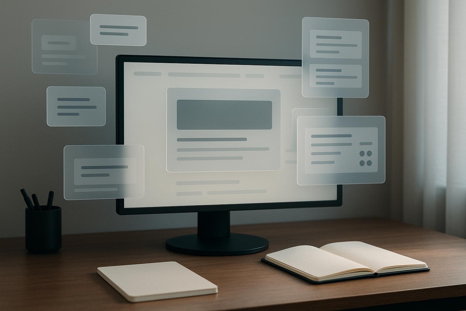 Premium editorial workspace visualizing retrieval of structured custom field data around a central article object.