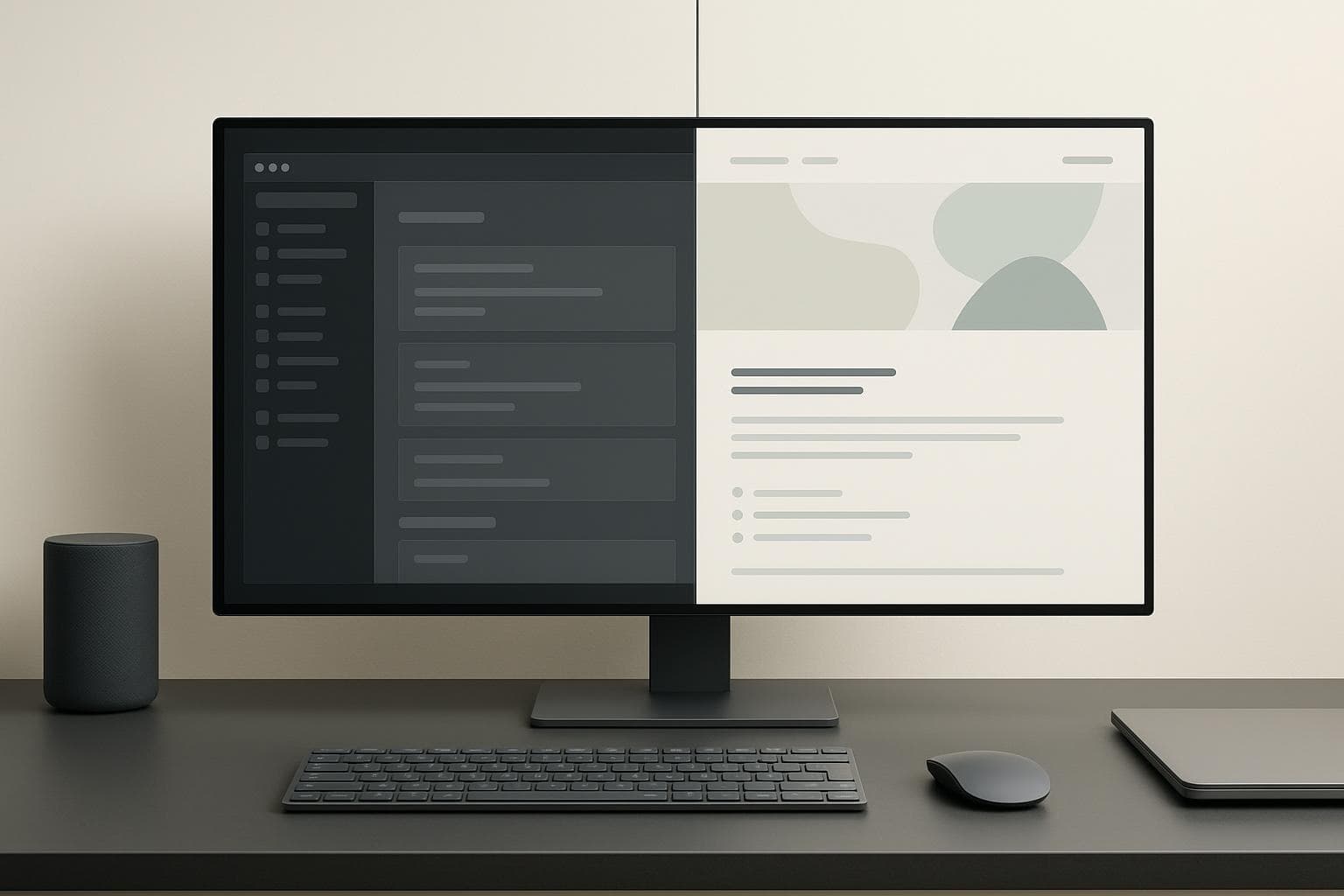 Premium split-interface scene representing WordPress admin request context versus front-end rendering.