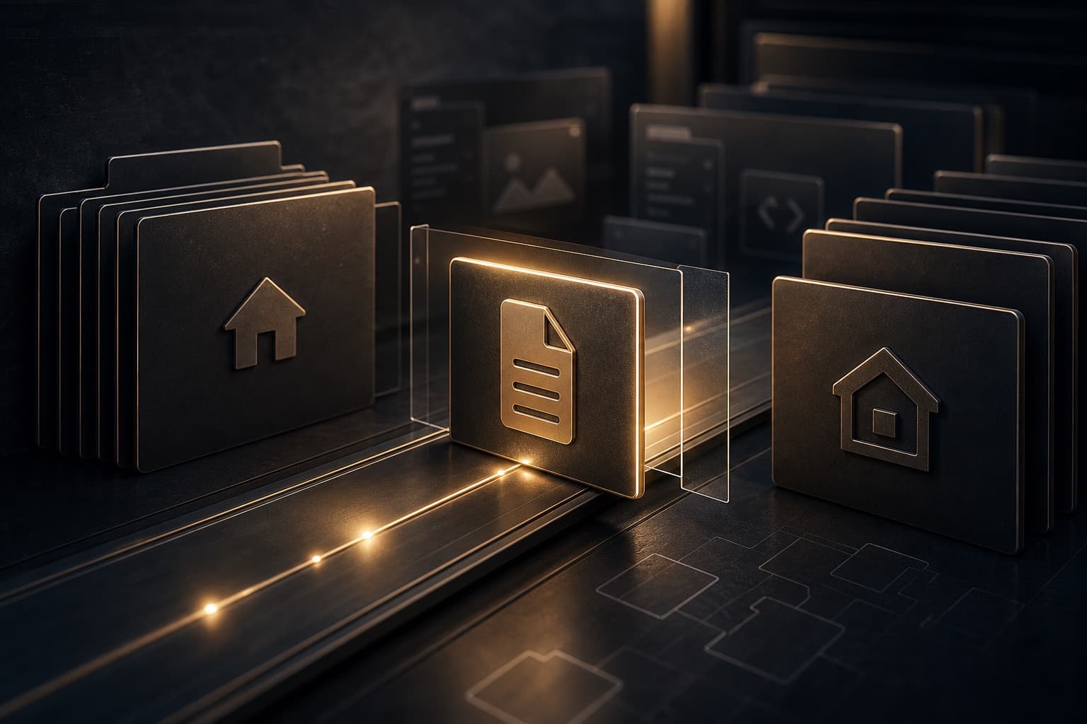 Layered theme file panels with one template path cleanly selected to represent WordPress template resolution.