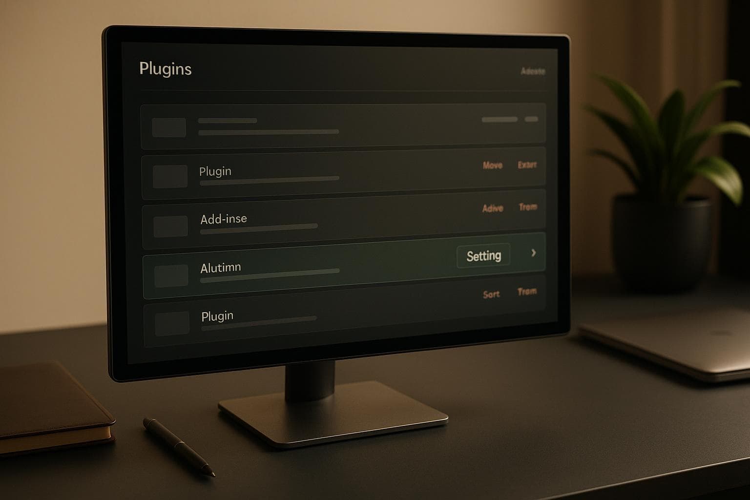 Plugin management dashboard scene with a highlighted settings shortcut on a WordPress-style plugins screen.
