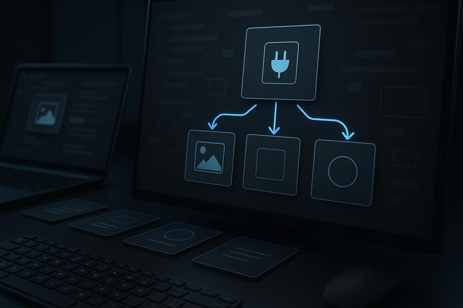 Dark premium developer workspace showing plugin-owned assets flowing cleanly from a module source to browser-ready delivery.