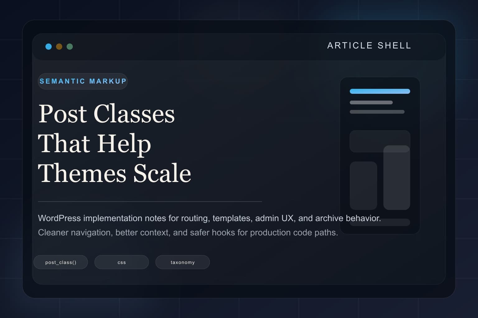 Abstract article shell representing semantic WordPress post classes in theme markup.