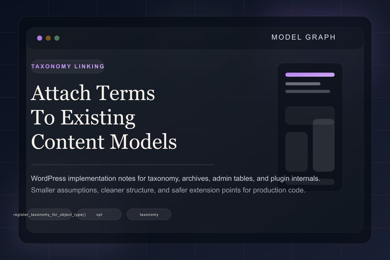 Connected taxonomy nodes and custom post type mapping in a dark WordPress architecture cover.