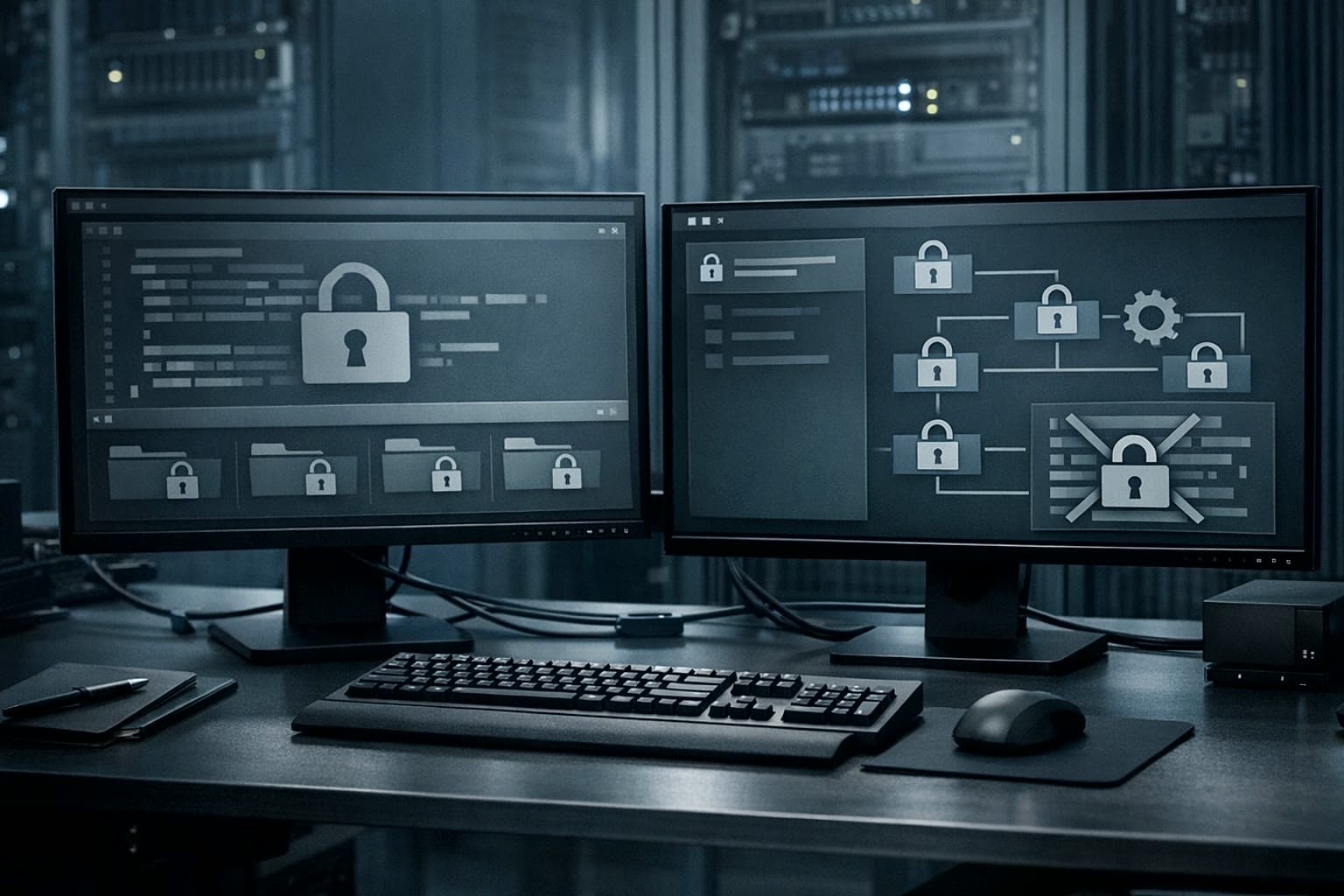 Dark workstation monitors representing diagnosis of a slow WordPress admin dashboard.