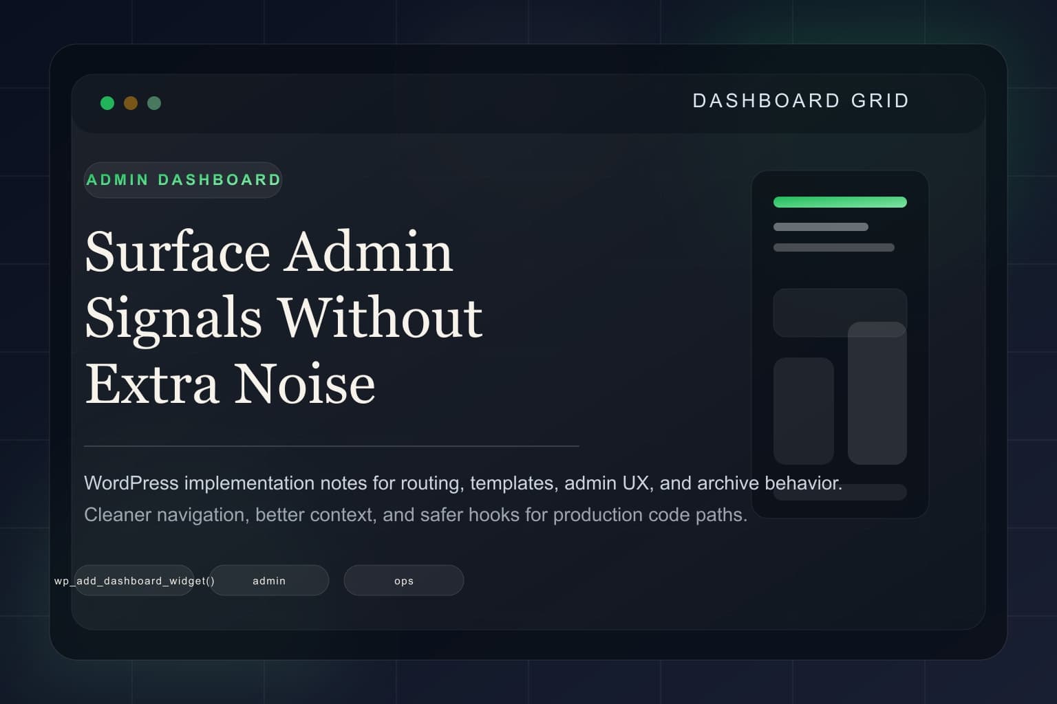 Abstract dashboard grid representing operational widgets in the WordPress admin.