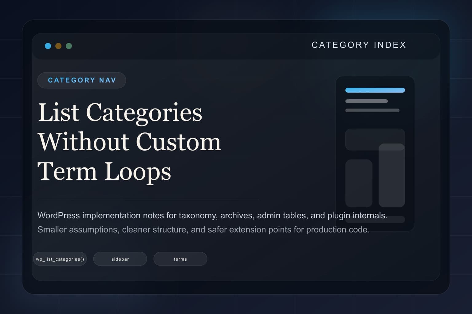 Structured category navigation panels and editorial taxonomy layout for a WordPress tutorial cover.