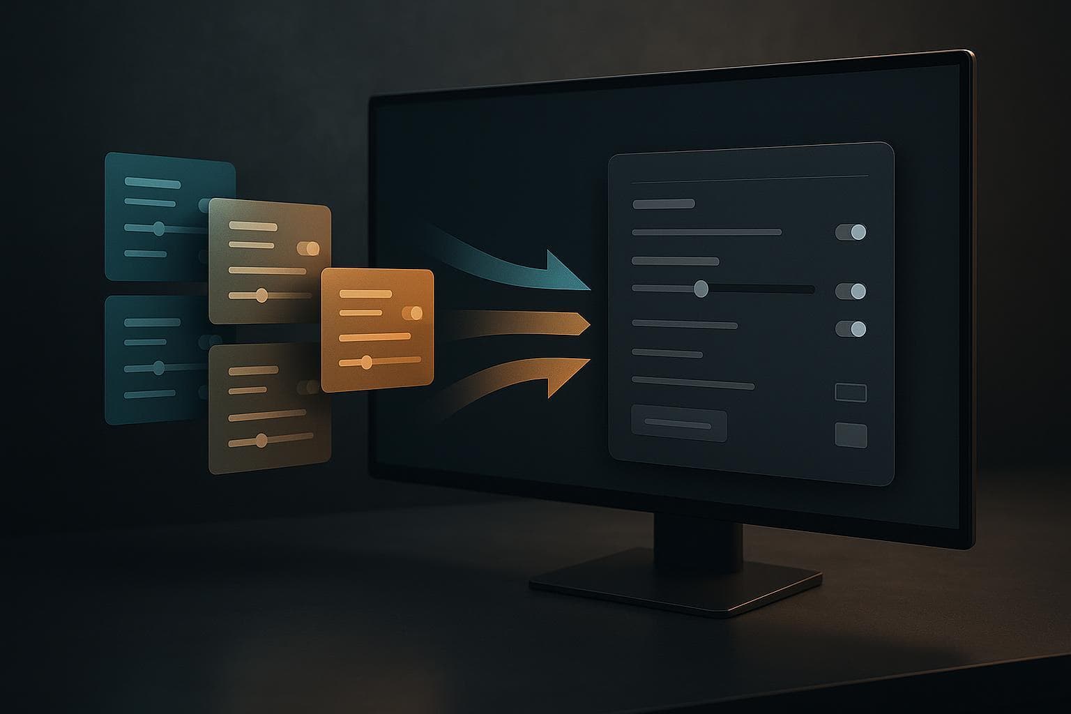Dark engineering display showing multiple configuration cards merging into one clean normalized settings panel.
