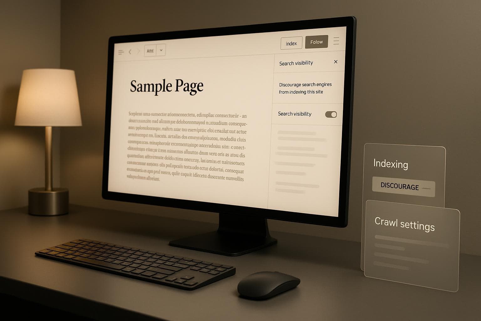Editorial workstation representing WordPress page-level robots directives and search visibility control.
