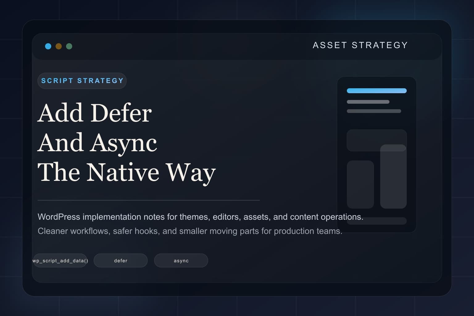 Abstract asset strategy panel representing WordPress script loading metadata.