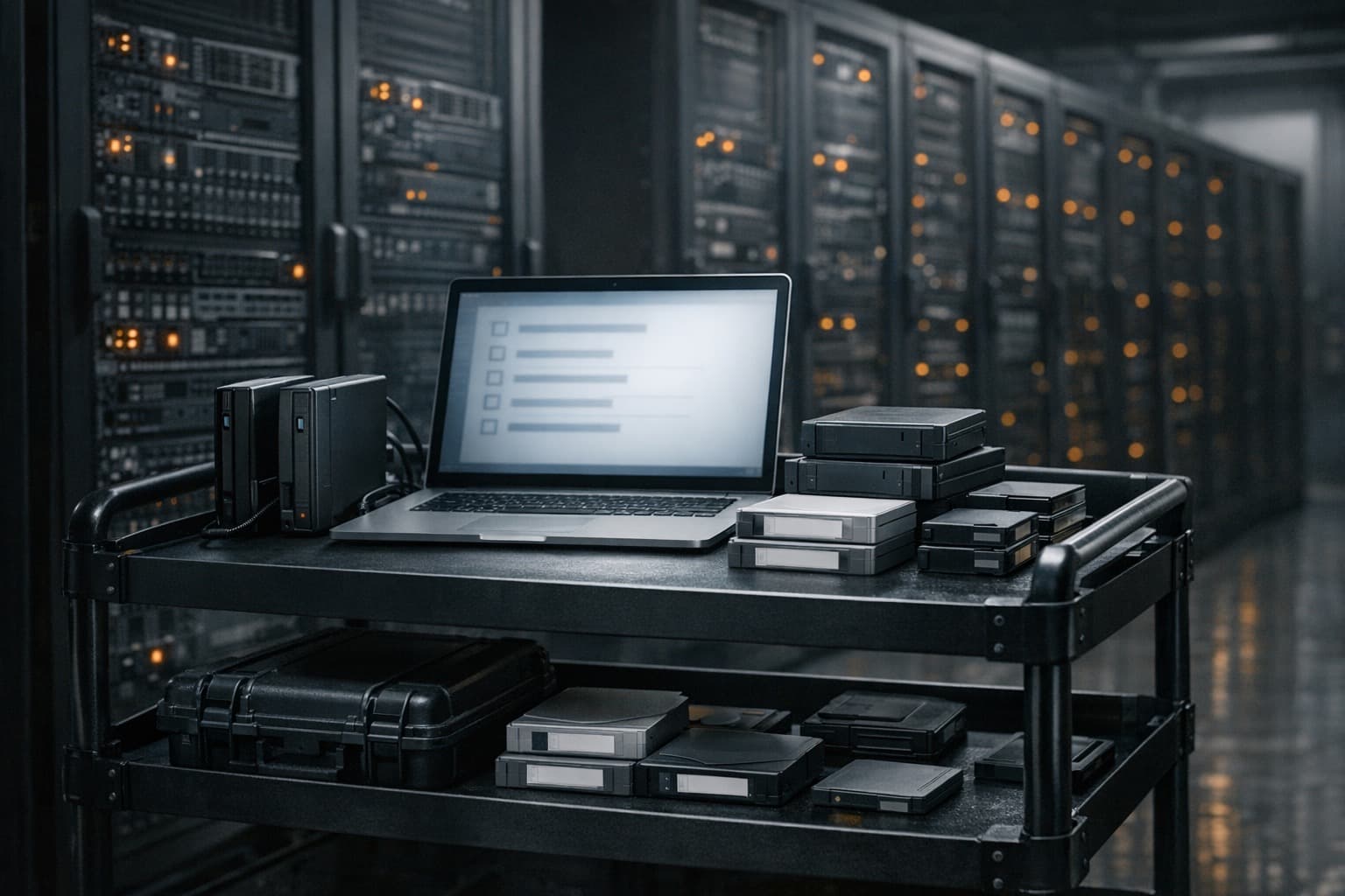 Backup and restore testing setup in a server room with recovery media and a laptop checklist.