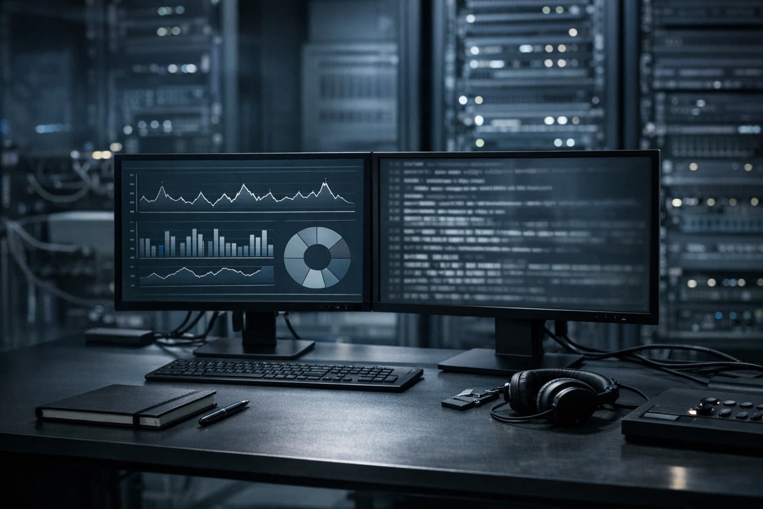 Operations desk and server environment representing secure WordPress debugging and protected production logs.