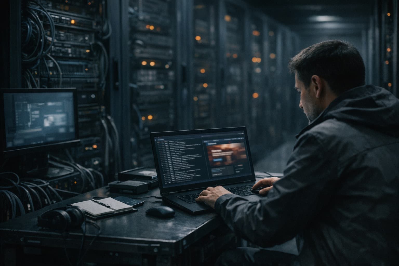Incident response workstation in a datacenter investigating a WordPress hacked redirect.