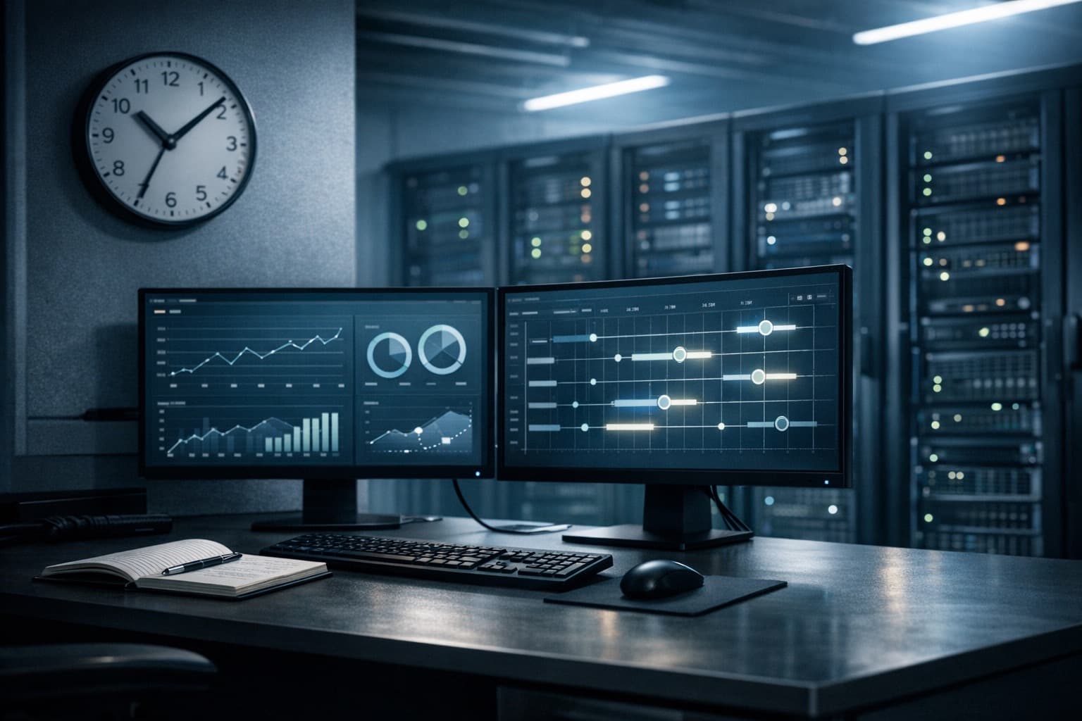 Operations desk and server room monitoring setup representing WordPress cron reliability and scheduled jobs in production.