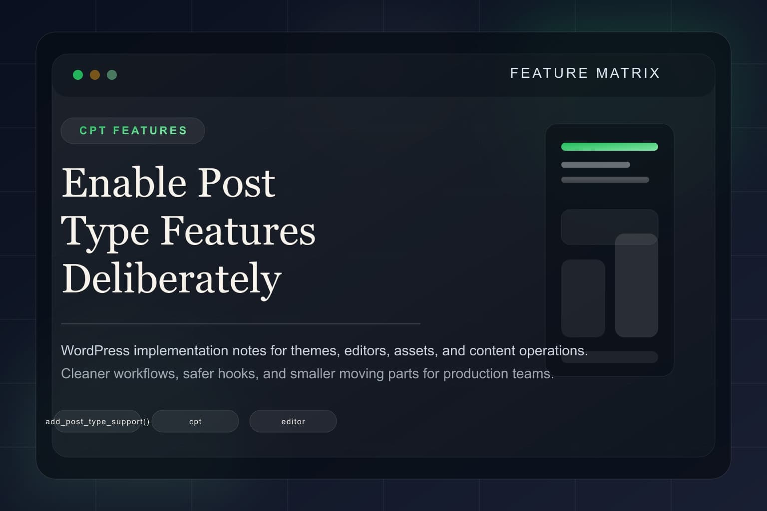 Abstract feature matrix representing enabled WordPress custom post type features.