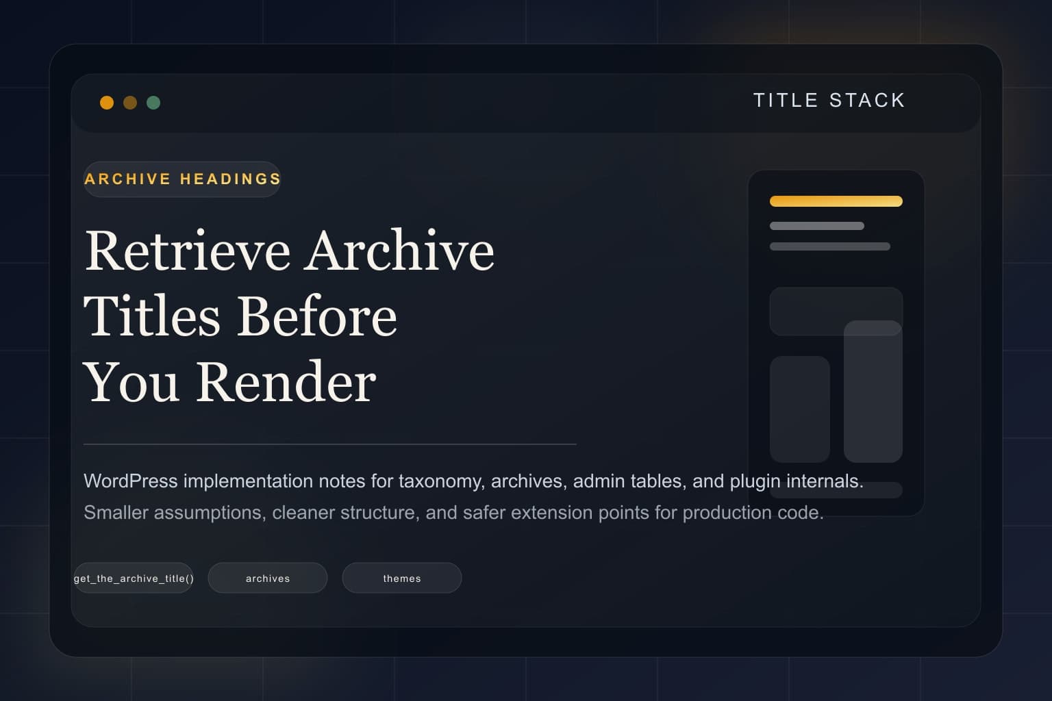 Archive heading cards and WordPress taxonomy sections in a clean editorial composition.