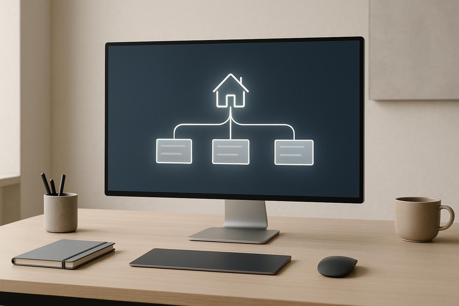 Clean architectural workspace visualizing a canonical home destination branching into front-end site links.