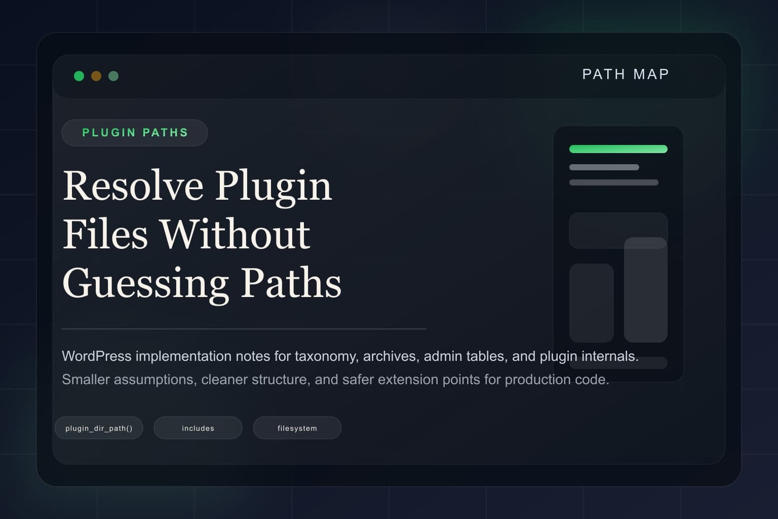 Plugin file structure and directory path mapping on a dark editorial WordPress cover.