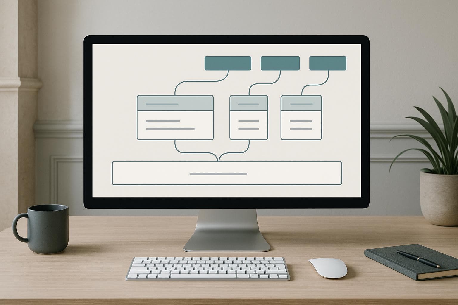 Minimal premium screen composition showing multiple abstract navigation menu locations connected into a structured theme layout.