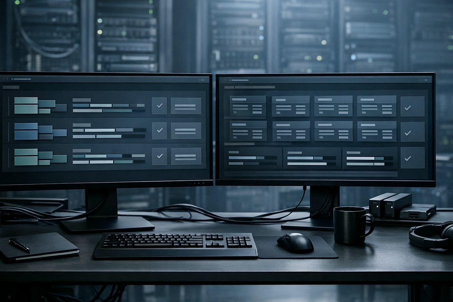 Operations desk and staged rollout monitors representing WordPress maintenance mode recovery after a failed update.