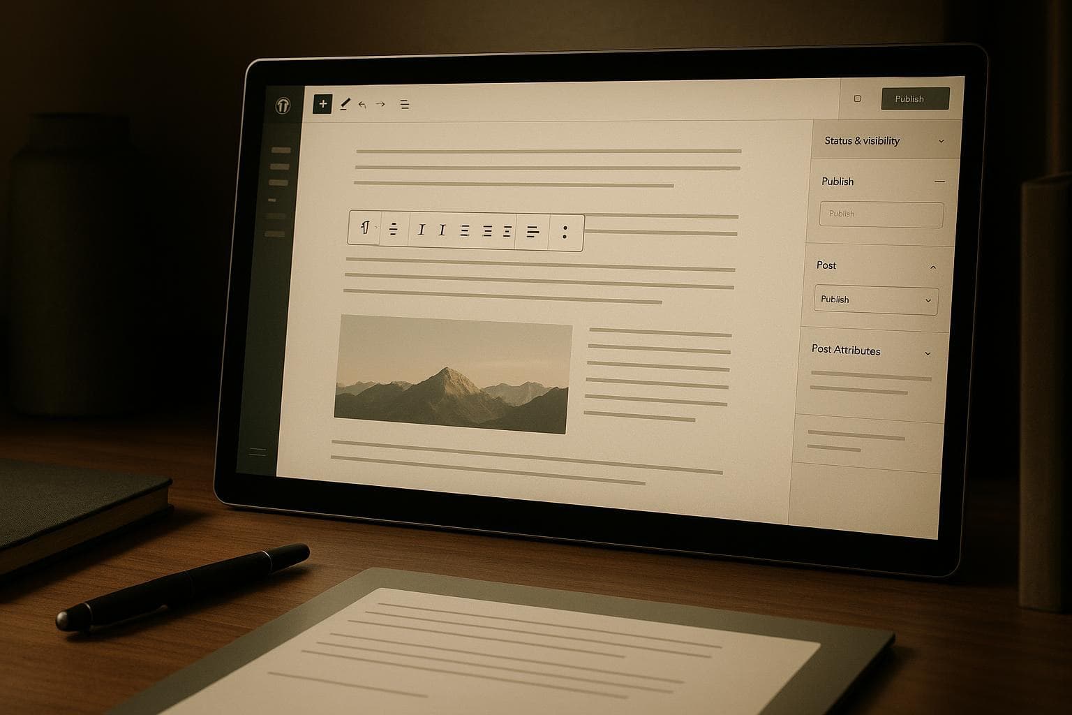 Premium content editing workspace representing the WordPress visual editor and rich text authoring.