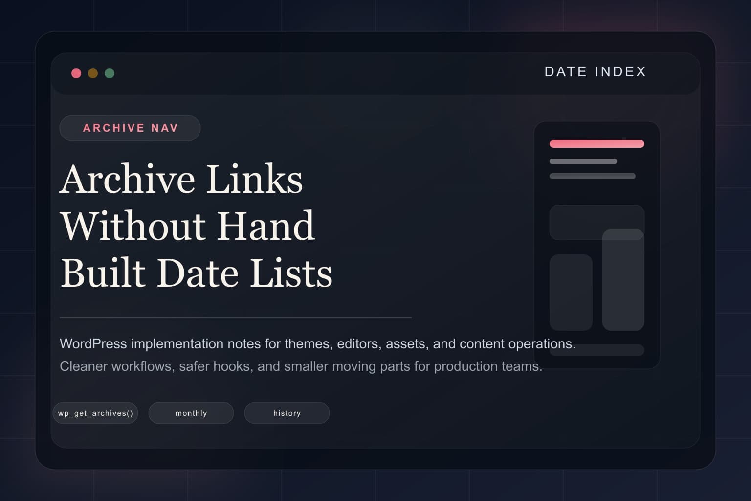 Abstract date index representing archive link navigation in WordPress.
