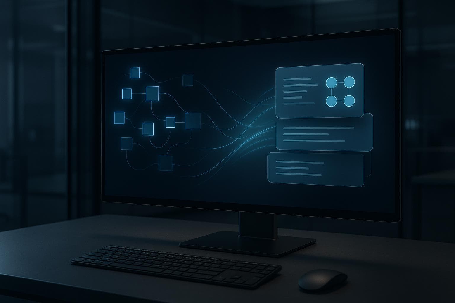 Premium engineering display visualizing structured data blocks flowing into a clean front-end configuration object.
