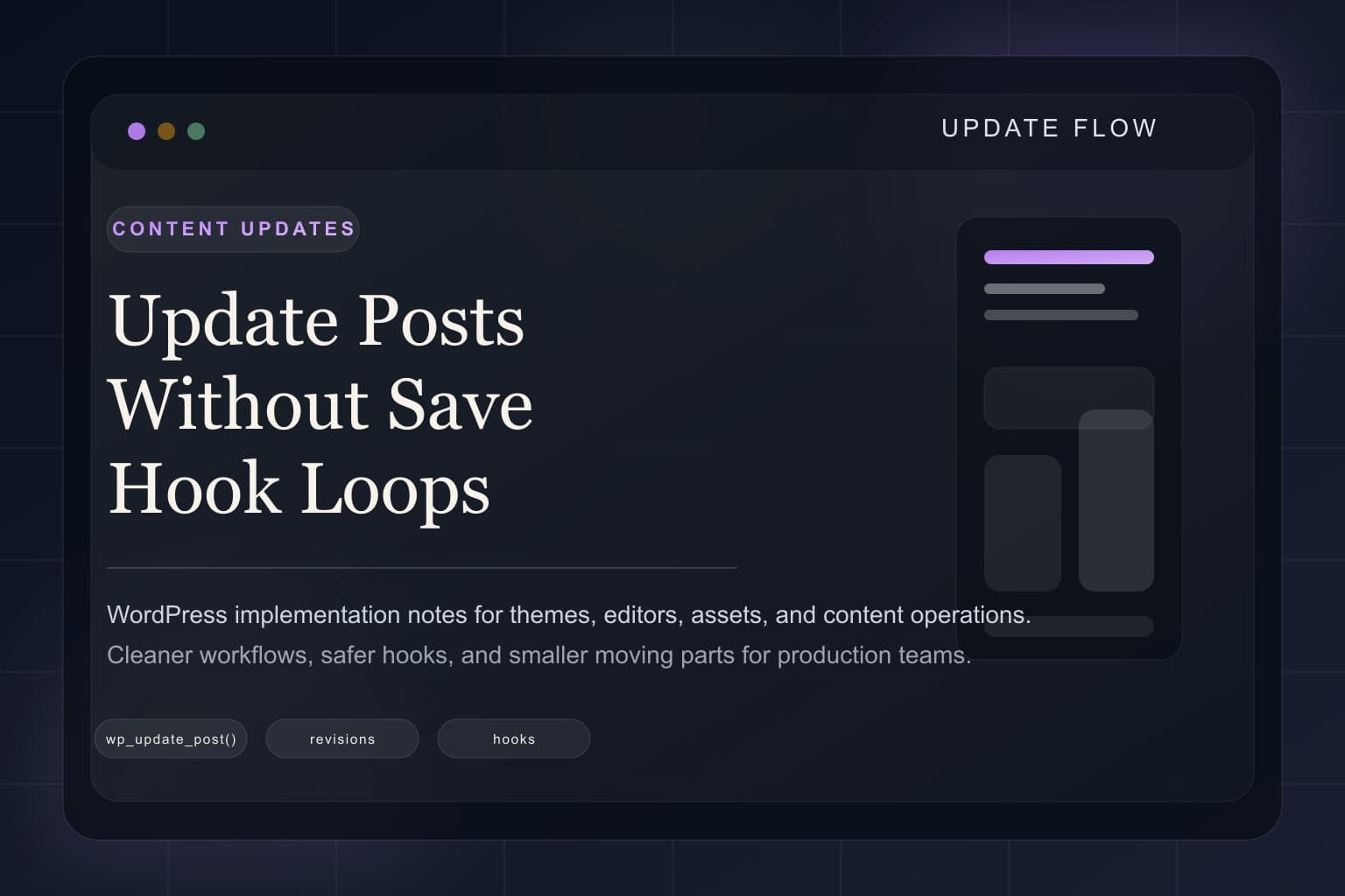 Abstract update flow representing safe programmatic post updates in WordPress.
